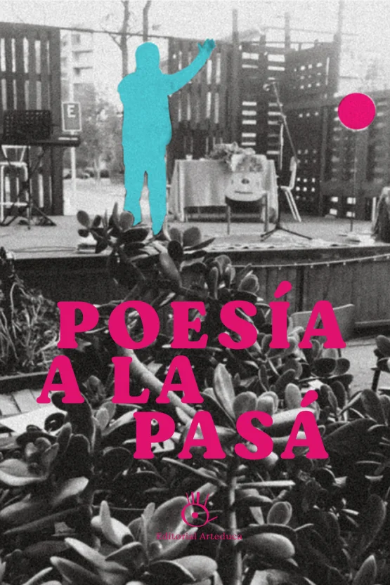 Cover of the digital version: the title in pink over a black and white photo of an outdoor stage, with a blue silhouette of a person and a pink dot
