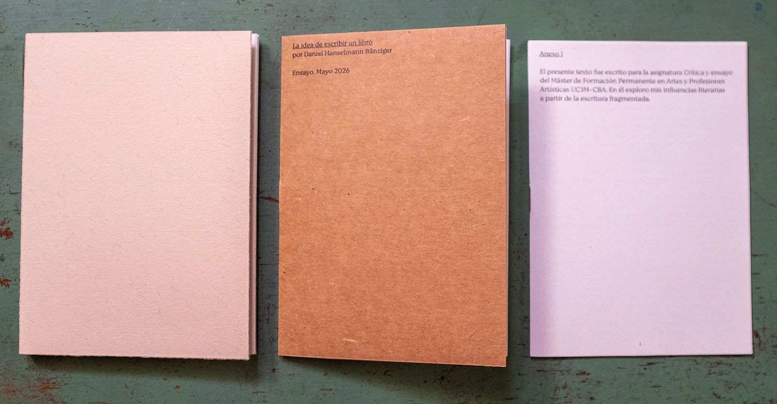 Three booklets side by side with cream, brown and white covers