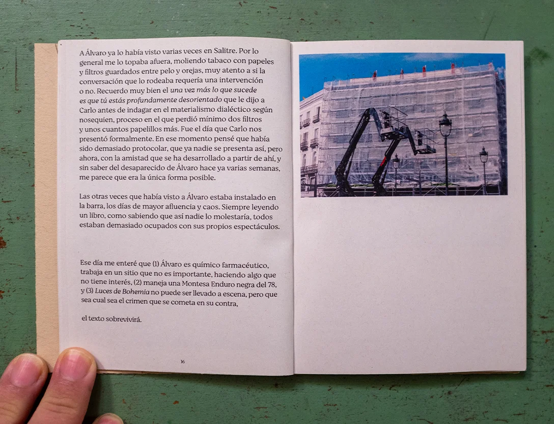 Page of text next to a photo of a building under scaffolding