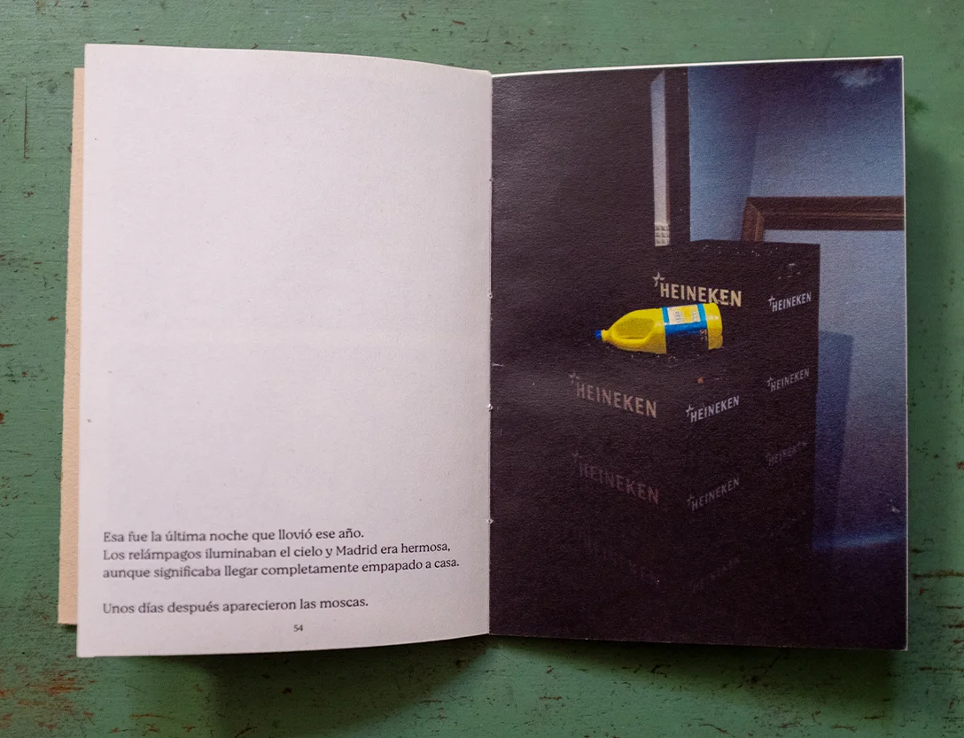 Page of text next to a photo of Heineken boxes with a yellow bottle
