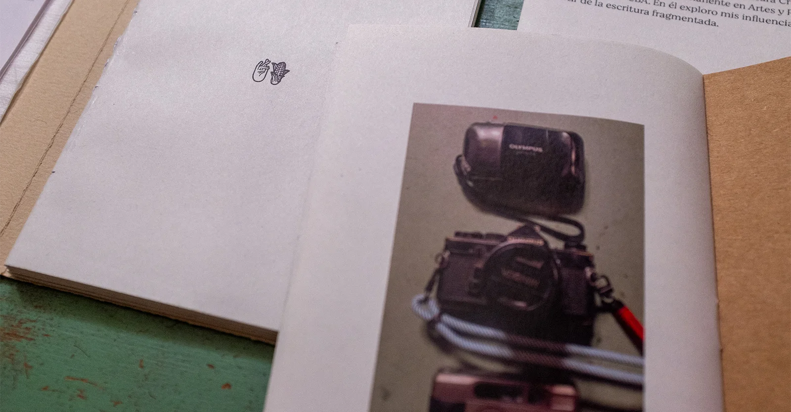 Close-up of the stamp page and a photo of old cameras